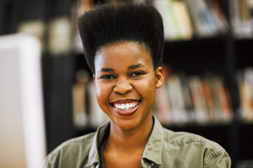 Poster - Portrait, university or black woman at computer in library for education, research or online project development. Face, studying or college student ready for web exam, learning or assignment in Kenya