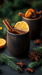 Wall Mural - Mug of mulled wine garnished with a slice of orange and cinnamon sticks, set against dark, festive background. Perfect for holiday ads, blogs, and menus. Festive mulled wine in mug with holiday spices