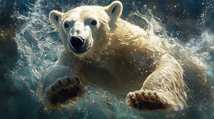Wall Mural - a polar bear swims in the water, its head and paws breaking the surface.