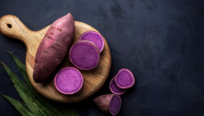 Overhead view of Fresh, Ripe and juicy Purple sweet yam. Halves food summer background