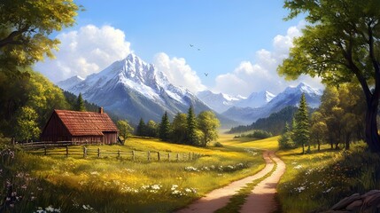 Canvas Print - Scenic farm with path guiding to mountain landscape picture