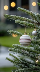 Wall Mural - A beautifully designed red and white ornament dangles from a lush green Christmas tree branch, adorned with warm golden lights, capturing the festive spirit of the holidays