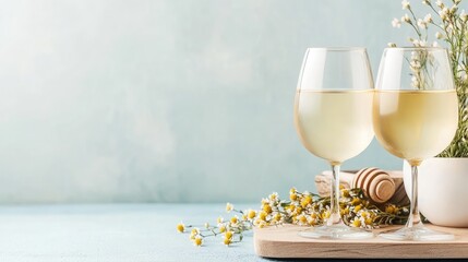 A glass filled with a bright yellow drink is placed next to large yellow flowers and petals on a wooden surface, surrounded by lush green foliage in a sunny garden