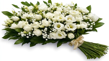 A delicate arrangement of white flowers with lush blooms and greenery is tied with a soft ribbon, creating a beautiful centerpiece for a variety of events and celebrations