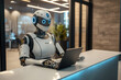 © los_ojos_pardos - An image of a humanoid robot sitting at a desk, working on a laptop in a modern office setting. AI robot replacing human at work