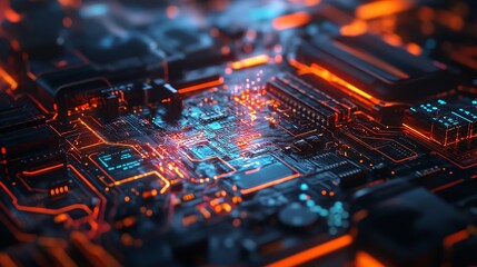 close-up of a glowing circuit board with orange and blue light.
