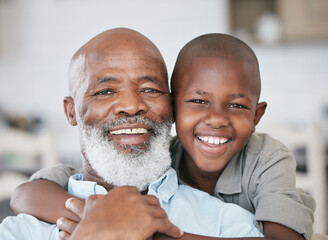 Poster - Grandfather, hug or portrait of boy in home on couch to relax with smile, support or care together. Black family, kid or senior grandparent with happy child for bonding, wellness or love in Cameroon