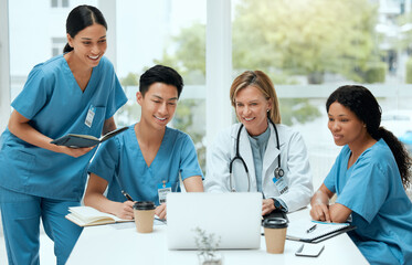 Wall Mural - people, doctor and happy with medical students on laptop in boardroom for internship program and wor
