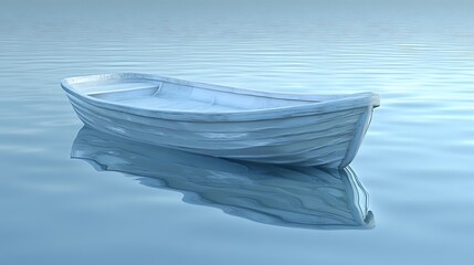 Small white boat floating on calm blue water with mist, concept of peace, tranquility, and solitude