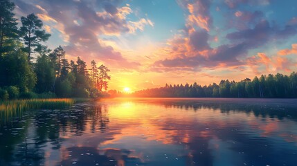 Wall Mural - Serene lake at sunset with trees in artwork image