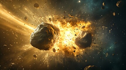 Asteroid Collision: Two asteroids on a collision course, moments before impact, with debris scattering through space.
