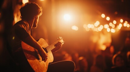 An artist passionately plays guitar on a small stage in a cozy venue. The atmosphere is intimate, with soft lighting highlighting the performance and an attentive crowd