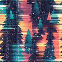 Wall Mural - Digital glitch style pattern with Christmas trees, colorful neon lights - seamless pattern