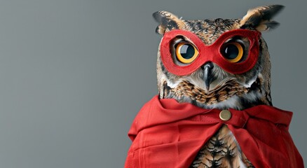 Owl in superhero red cloak and mask. Adorable halloween carnival pet. Super hero bird on grey background. Animal in cute funny costume