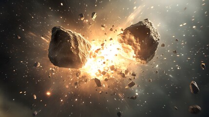 Asteroid Collision: Two asteroids on a collision course, moments before impact, with debris scattering through space.
