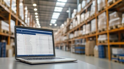 A detailed view of a laptop on a desk displaying inventory management software, set against the backdrop of a well-organized warehouse with shelves stocked with goods