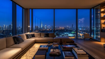 This elegant apartment living room showcases a modern design, highlighted by expansive windows revealing a stunning skyline at night, creating a serene and stylish atmosphere