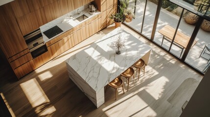 Wall Mural - This top-down view showcases a stylish kitchen and dining area with a polished marble countertop and warm wooden accents, illuminated by natural light