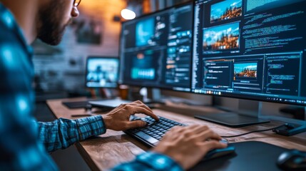 a skilled web designer focuses on several screens in a vibrant creative studio, expertly coding and 