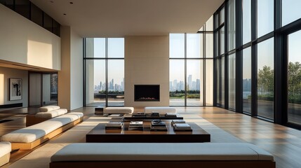 Wall Mural - A spacious modern living room features floor-to-ceiling windows that illuminate the area, showcasing a stunning view of the skyline and the surrounding nature