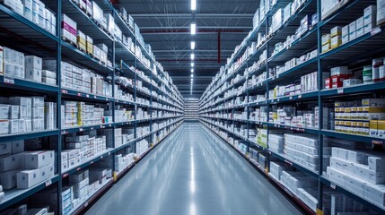 The warehouse features long rows of organized shelves filled with pharmaceutical products, showcasing a bright and orderly environment ideal for efficient operations