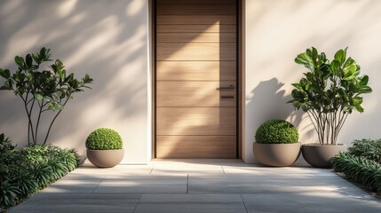 This entrance showcases a beautifully designed wooden door complemented by contemporary planters and lush greenery, creating an inviting atmosphere with clean Scandinavian aesthetics