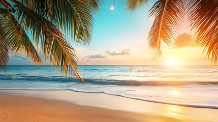 Wall Mural - A soft, blurred tropical beach at sunrise with a clear sky for text