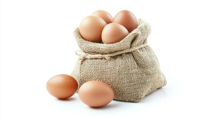 Fresh chicken eggs are presented in a burlap sack. Two eggs are not in the sack, set aside on a white background. 