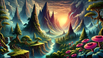 A mystical landscape featuring towering mountains, lush vegetation, a winding river, and a glowing sky at sunset.