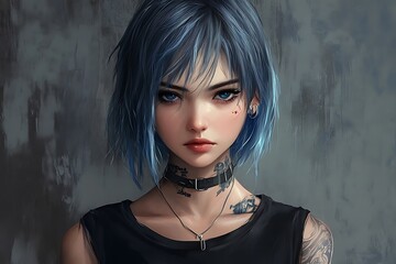 Anime girl with blue hair, choker, and tattoo