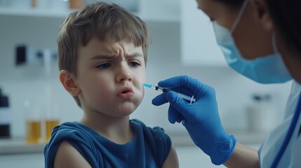 Nurse performing nasal swab test on young boy in clinic