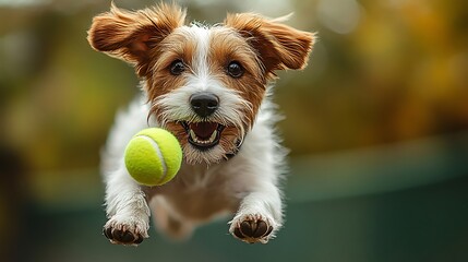 A small, white and brown dog with big, brown eyes jumps towards the camera with a yellow tennis ball in its mouth.