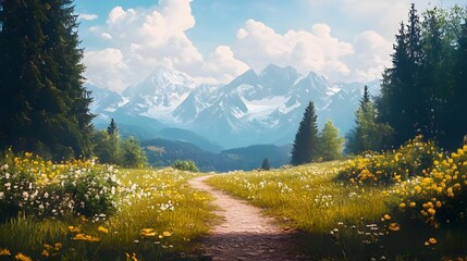 Mountain green landscape showcasing nature in vibrant painting image