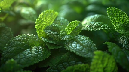 Vibrant Green Mint Leaves Macro Close up in Lush Botanical Garden  Detailed textured foliage pattern with natural fresh organic phytology background