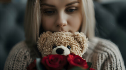 Canvas Print - Woman Holding Bear With Rose