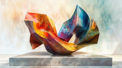 Design a digital watercolor painting of a striking modern sculpture with dynamic forms and a vivid color palette