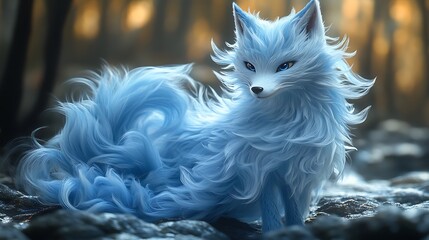 A majestic blue fox with piercing blue eyes sits in a forest setting.