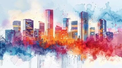 Create a digital watercolor painting of a modern architectural skyline with sleek, geometric buildings and vibrant colors