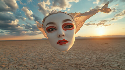 Desert Dream: A surreal portrait of a woman's face, adorned with theatrical makeup, floating above a barren desert landscape as a white fabric billows behind her. The setting sun casts a warm glow on 