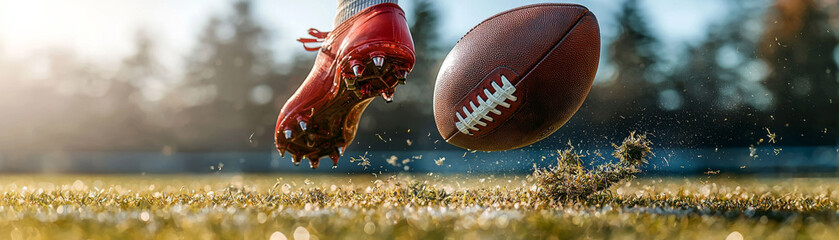 A football punt in mid air showcases punters skill and precision, with ball soaring above field. vibrant red cleats add dynamic touch to this action packed moment