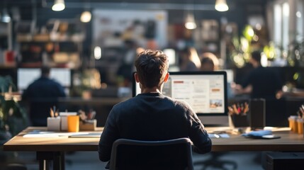 Sticker - Man Working at a Computer in a Modern Office