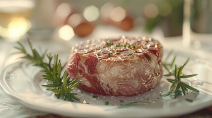 Closeup of a juicy medium rare grilled ribeye steak with seasoning and fresh rosemary sprigs served on a white porcelain plate against a blurred background showcasing a high end