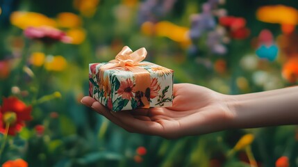 Hand Presenting a Gift Box in a Garden: A hand holding a small gift box with floral wrapping, set against a vibrant garden backdrop.
