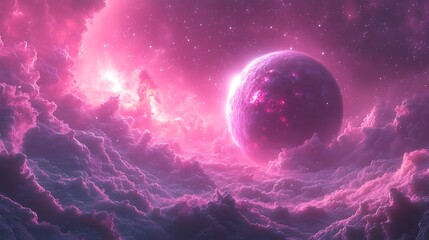 Wall Mural - A pink planet with swirling clouds in a pink, starry sky.