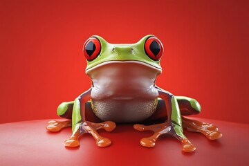 Canvas Print - Green Tree Frog with Red Eyes Looking at Camera on Red Background