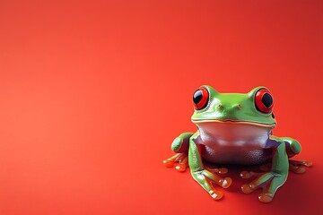 Poster - Green Tree Frog with Red Eyes on Orange Background