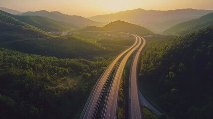 Highway road among forest view from above Generative AI