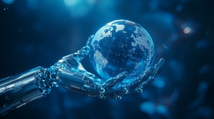 Wall Mural - Future technology, robotic arm, a robotic hand holding a globe, overall in a blue tone, minimalist style, minimalist background, deep blue background, clear lines.