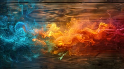 Wall Mural - Abstract Colorful Smoke on Wooden Background - Creative Design