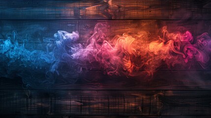 Wall Mural - Blue and Orange Smoke on Dark Wooden Background